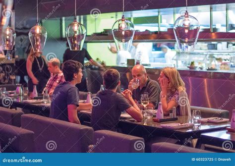 Open Kichen Restaurant Tel Aviv Sept People Having Dinner Modern Chik Kitchen Israel Part Hip Sarona District 60323725 