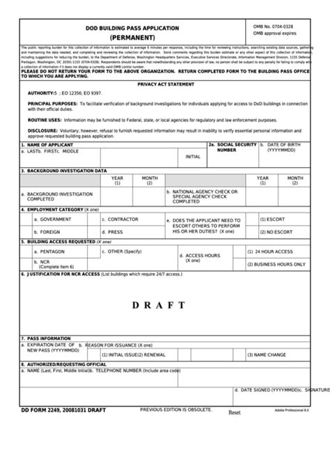 Fillable Dd Form 2249 Draft Dod Building Pass Application Printable