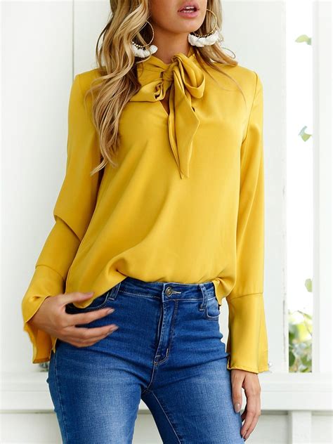 V Neck Frill Sleeve Solid Bow Blouse | Long sleeve blouse, Bell sleeve blouse, Chiffon long sleeve