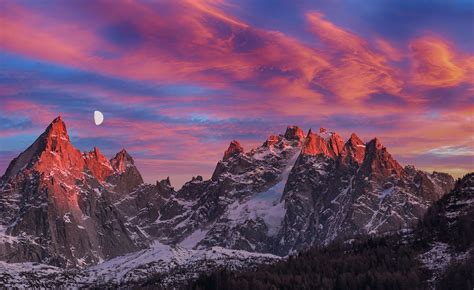 Sunset In French Alps With The Moon Sunset In The French Alps With A