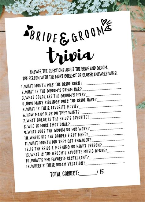 Bride And Groom Trivia Bridal Shower Game Printable Instant Download Bride And Groom Party Fun
