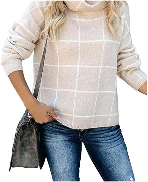 Stgfstydt Women Baggy Turtlenecks Pullover Plaid Knitwear Uk