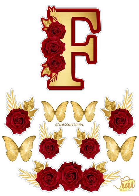 Topo de Bolo Letra F Dourada com Rosas Vermelhas em 2021 | Rosas