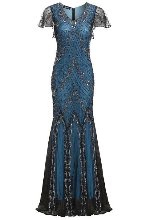 Evelyn Embellished 1920s Gatsby Blue Flapper Evening Maxi Dress Jywal London