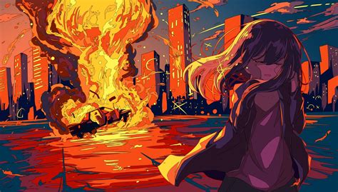 Download 1600x900 Crying Anime Girl Car Explosion Flames