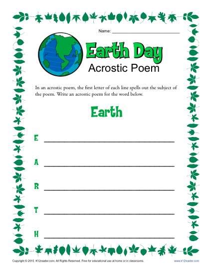 Earth Day Acrostic Poem Worksheet 1st 2nd 3rd Grade
