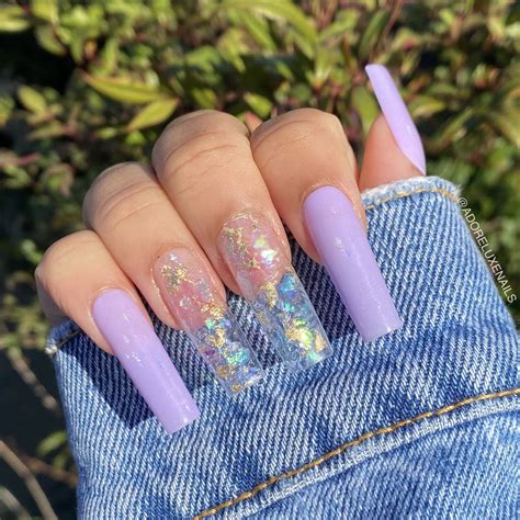 glossy purple set with iridescent and gold flakes accent nails adore luxe sets are handmade and