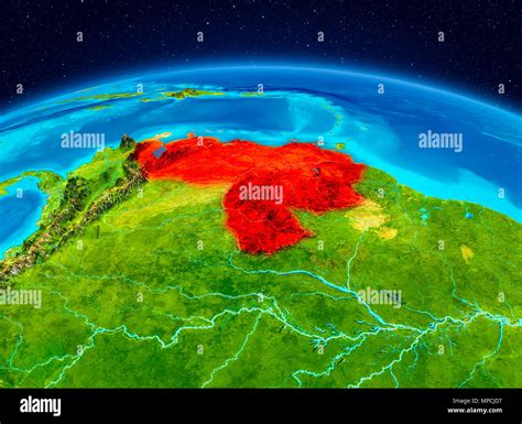 Vista Satélite De Venezuela Resaltada En Rojo En El Planeta Tierra