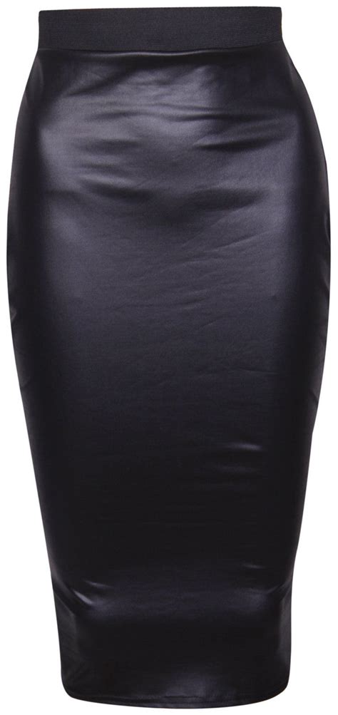 womens wet look faux leather ladies pencil fitted stretch elastic waistband wiggle midi skirt