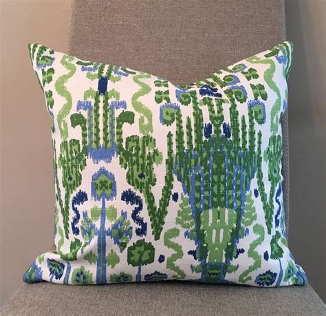 Kelly Green Blue And Ivory Ikat Pillow Covers Designer Etsy Green
