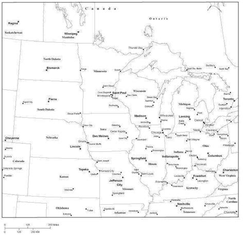 Usa Midwest Region Black And White Map With State Boundaries Capital And
