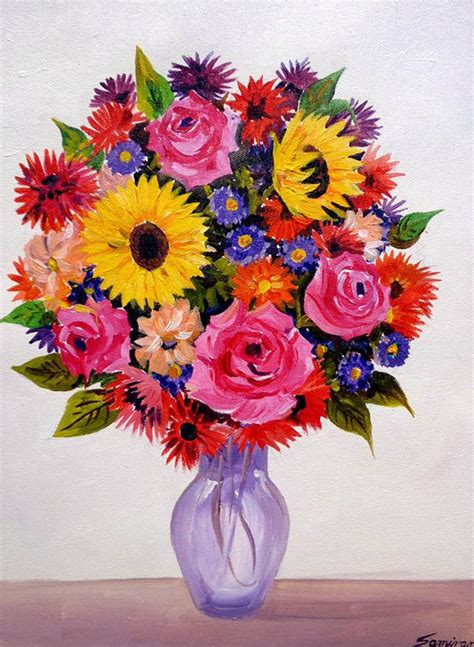 Beauty Of Flowers With Flower Vasestill Life Acrylic On Canvas
