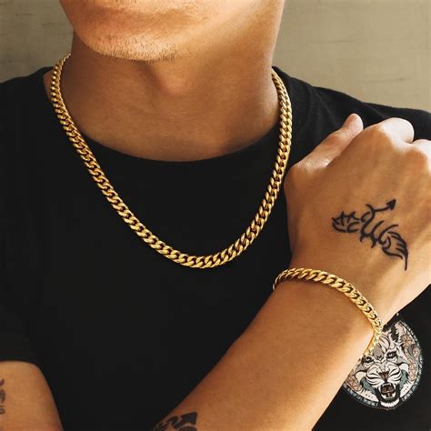 8mm Miami Cuban Link Chain and Bracelet Set in 18K Gold for Men-KRKC&CO