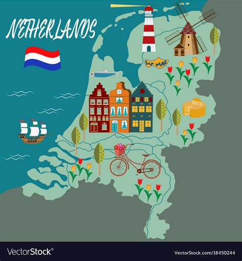 Cartoon Map Of Holland With Legend Icons Vector Image