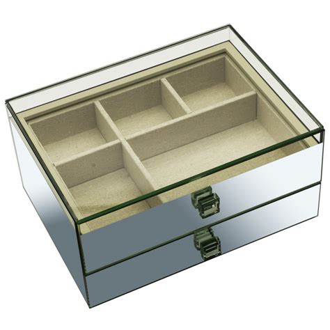 By Savvy Large Mirrored Glass Jewellery Box With Linen Lining And Two