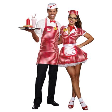 Mens Diner Dude Costume Waitress Outfit Couple Halloween Costumes Retro Costume