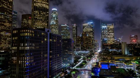 Hd Downtown Los Angeles Buildings Aerial At Night