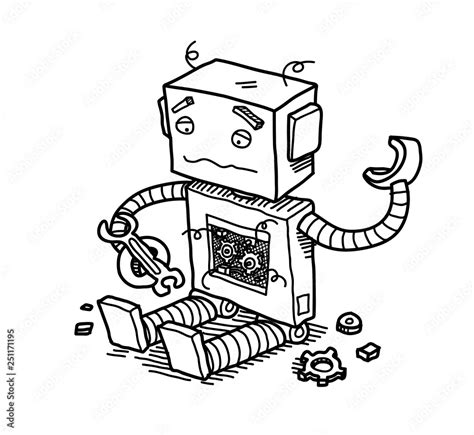 Hand Drawn Vector Cartoon Illustration Of A Broken Robot Trying To Fix