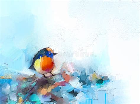 Abstract Colorful Oil Acrylic Painting Of Bird And Spring Flower
