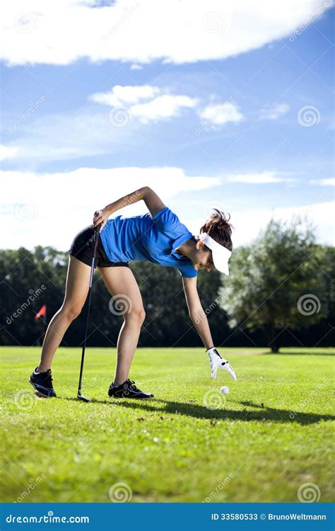 pretty girl playing golf on grass stock image image of playing putter 33580533