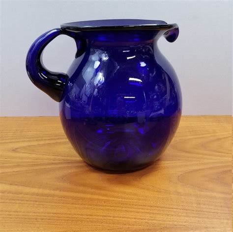 Large Blown Glass Cobalt Blue Pitcher With Full Round Shape Etsy