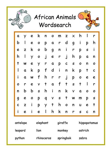 easy word search african  worksheets african animals easy