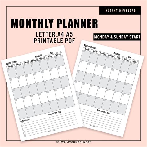 Monthly Planner - Planner Page, Planner Printable, Undated Planner, Monthly Planner Insert ...