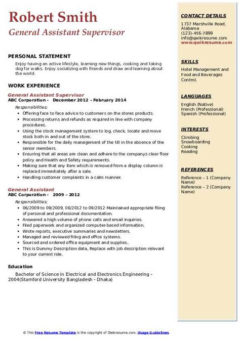 To write great resume for general assistant job, your resume must include: General Assistant Resume Samples | QwikResume