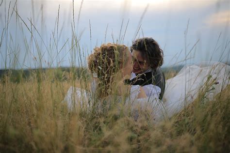 Free Picture Wheatfield Man Laying Woman Romantic Smile Hilltop