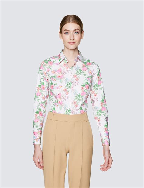 Cotton Stretch Womens Fitted Shirt With Floral Print Design In Cream