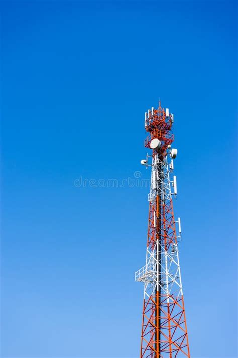 Mobile Cellular Tower Antennas With Blue Sky Background Stock Photo