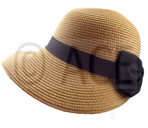Womens Straw Summer Hats Ladies Wide Brim Stylish Black Bow Detail Sun