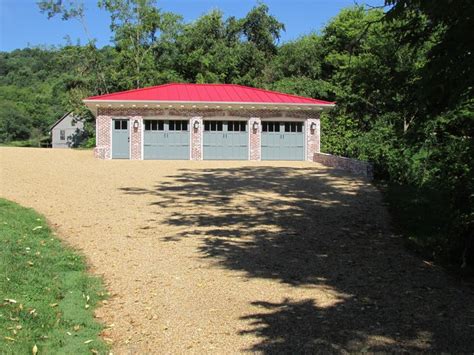 Front View Custom Detached Garage With Red Roof White Wash Brick