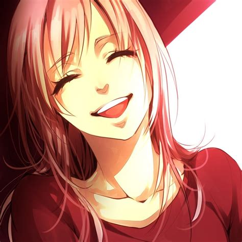 Smiling Closed Eyes Face Laughing Women Pink Hair Anime Girls