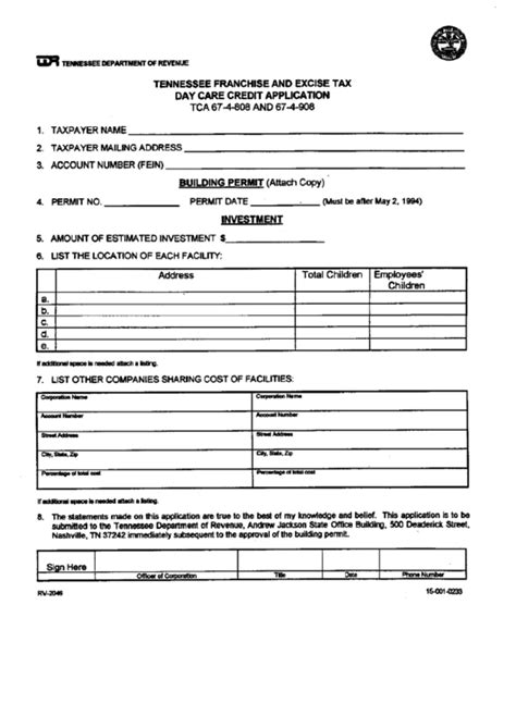 Check spelling or type a new query. Form Rv-2046 - Tennessee Franchise And Excise Tax Day Care Credit Application printable pdf download