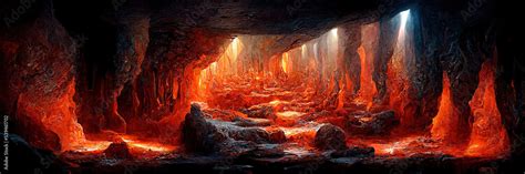 Underground Molten Lava Cave Digital Art Deep Cavern 3d
