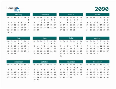 2090 Full Year Calendar