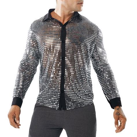 Shiny Sliver Sequin Glitter Shirt Men 2018 Sexy See Through Shirt For