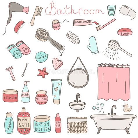 Vector Set Of Drawn Bathroom Themed Objects And Appliances Stock Vector