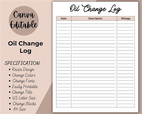 Oil Change Log Printable Oil Change Tracker Oil Filter Sheet Oil