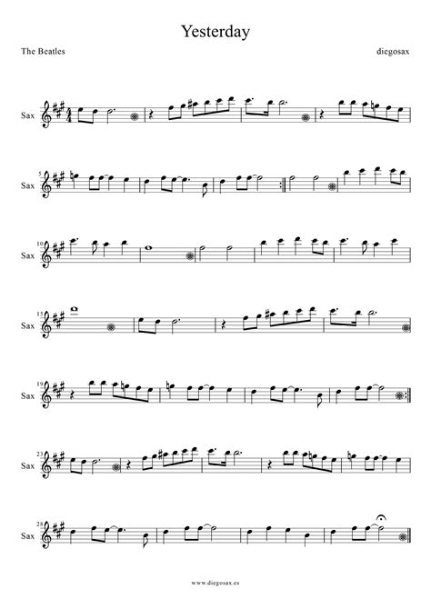 Diegosax Yesterday By The Beatles Partitura Para Flauta Saxo Violín