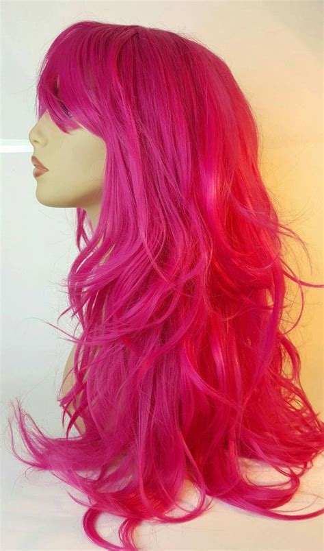 Long Pink Wavy Layered Wig Long Pink Wig Hot Pink Wig Wig Etsy Hair