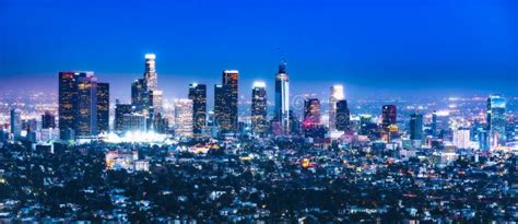 Scenic View Of Los Angeles Skyscrapers At Nightcaliforniausa Stock