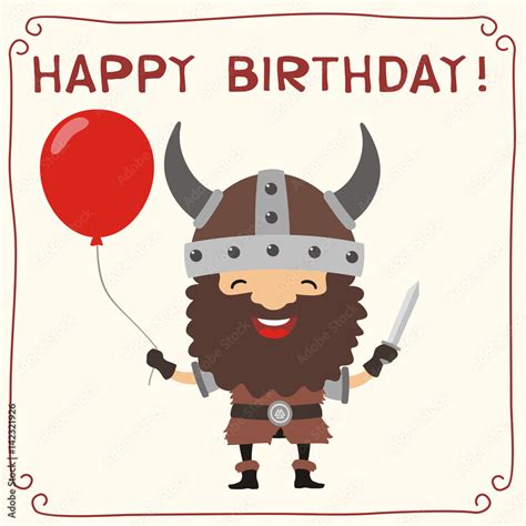Happy Birthday Viking In Helmet With Horns With Red Balloon Birthday