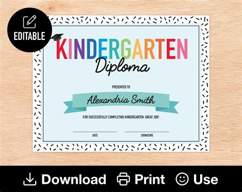 Editable Kindergarten Diploma Printable Certificate For Etsy