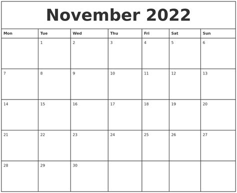 November 2022 Printable Monthly Calendar