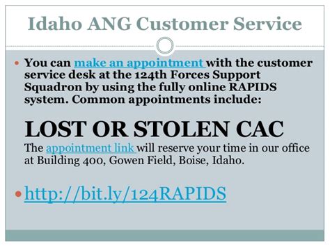 Deers/id card office info location. Idaho Air National Guard RAPIDS customer service fy2014