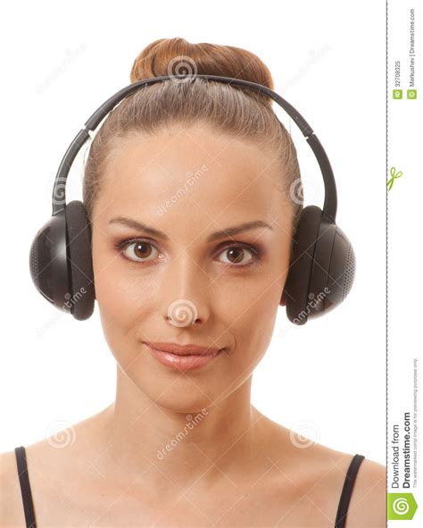 Woman Listening Music With Headphones On White Stock Image Image Of