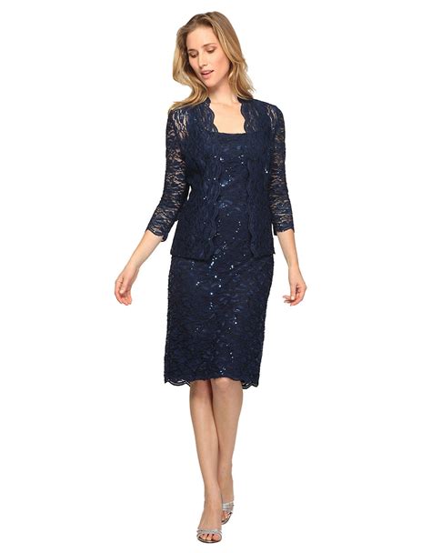 Alex Evenings Petite Sequined Lace Jacket And Dress Set In Blue Navy