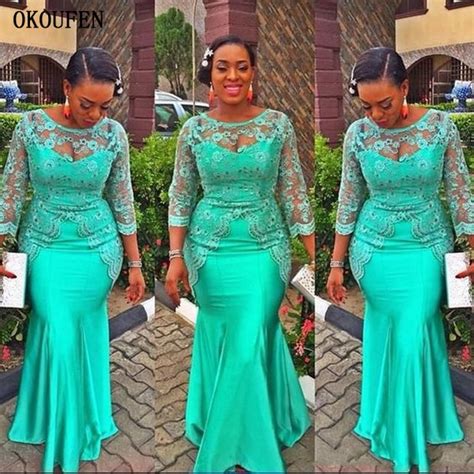 Turquoise African Mermaid Evening Dress 2021 Vintage Lace Nigeria Long
